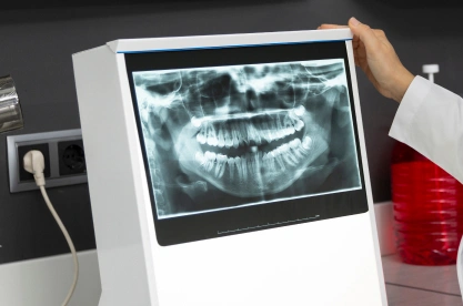 Dentist examines panoramic X-ray of patient's teeth on digital display monitor.