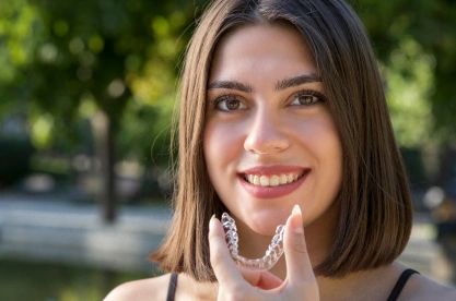 Woman smiling with hand near face in outdoor park setting, displaying dental care results.