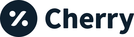 Cherry logo with percent symbol on dark circular background, dental care website branding.